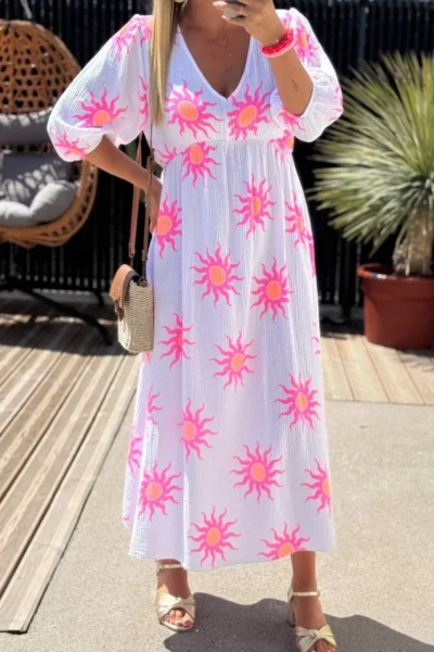 Robe longue à motif soleil rose fuschia