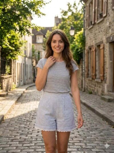 Short coton à rayures bleues